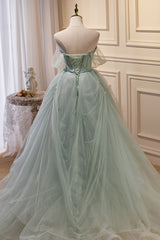 Elegant Green Strapless Evening Gown Off The Shoulder Tulle Prom Dresses