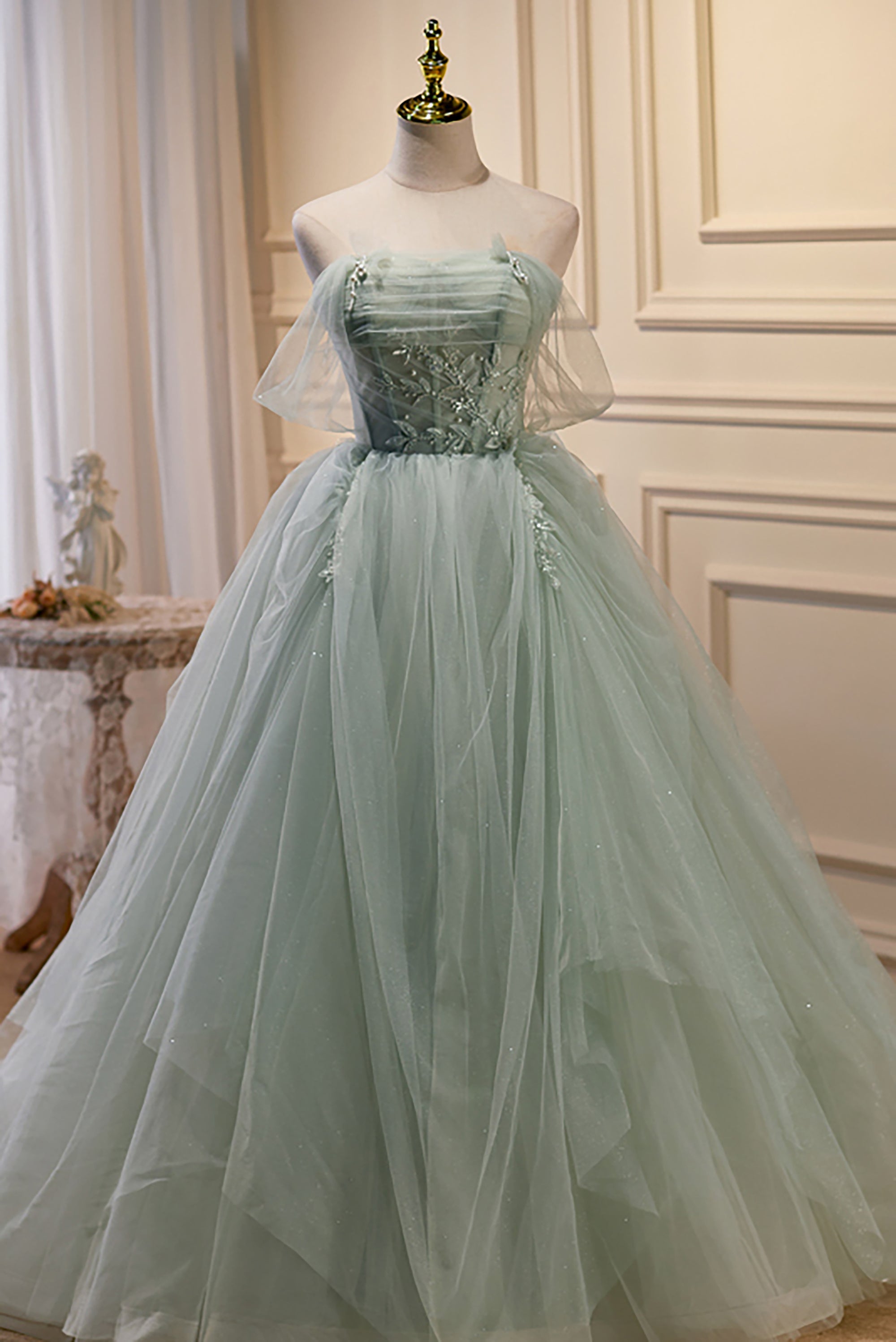 Elegant Green Strapless Evening Gown Off The Shoulder Tulle Prom Dresses