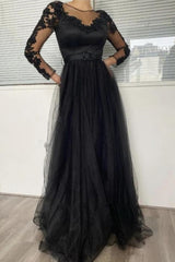 فستان سهرة طويل بأكمام طويلة ورقبة مستديرة من الدانتيل الأسود، فساتين رسمية من الدانتيل الأسود للحفلات الراقصة