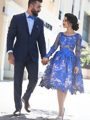 Long Sleeves Knee Length Short Blue Lace Prom Dresses Formal Homecoming Dresses Party Dress