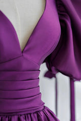 Purple Puff Sleeves Satin Long Prom Dress, V-Neck Evening Dress