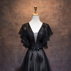 Modest Black Long A-line V-neck Black Prom Dresses Chic Party Dresses