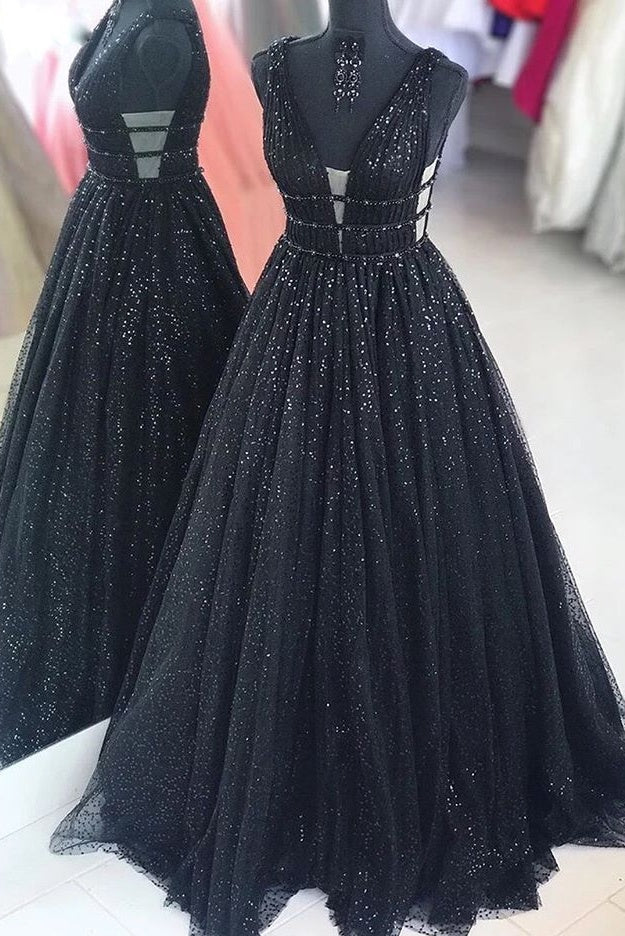 Black Sparkly V-neck For Mal Prom Dresses Princess Dresses For Teens