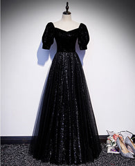 Modest Sparkly Black Long A-line Prom Dresses With Sleeves Evening Gowns