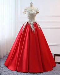 Modest Red Cap Sleeves Ball Gowns Lace Satin Prom Dresses Evening Dresses