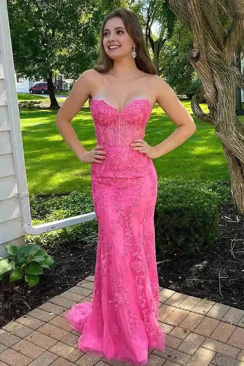 Mermaid Sweetheart Hot Pink Lace Appliques Prom Dresses