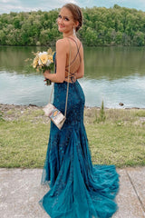 Mermaid Backless Teal Lace Long Evening Dress, Teal Lace Formal Dresses