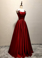 Wine Red Satin Straps Round Neckline Party Dress Outfits For Girls, Wine Red Long Prom Dress