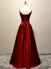Wine Red Satin Straps Round Neckline Party Dress Outfits For Girls, Wine Red Long Prom Dress
