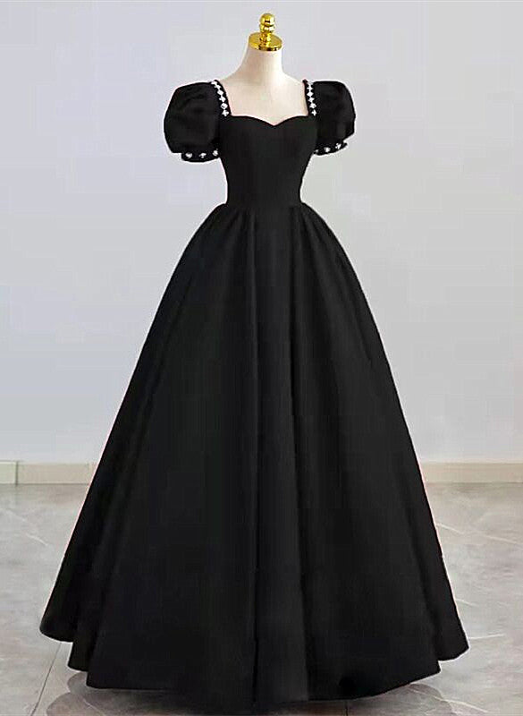 Black Sweetheart Short Sleeves Beaded Party Dress Outfits For Girls, A-Line Black Satin Prom Dress
