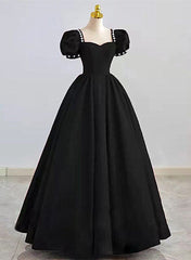 Black Sweetheart Short Sleeves Beaded Party Dress Outfits For Girls, A-Line Black Satin Prom Dress