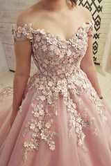 Off Shoulder Pink Lace Floral Long Evening Dresses, 3D Flower Pink Long Formal Dresses