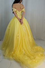 Fra skulder gul blonder tyl lang aftenkjole, gule blonder formelle kjoler