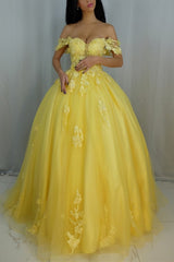 Off Shoulder Yellow Lace Tulle Long Evening Dress, Yellow Lace Formal Dresses