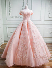 Gorgeous Pink Off The Shoulder Ball Gown Prom Dresses With Appliques