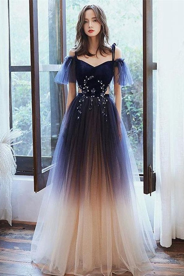 Blue Spaghetti Straps Long Princess Prom Dresses For Girls