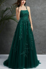 Åpen rygg mørkegrønn tyll blonder lang kveldskjole, mørkegrønn blonder formelle kjoler