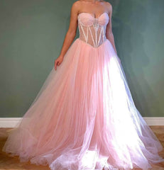 Light Pink A Line Prom Dress Crustal Beaded Long Evening Dresses