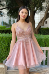 Pretty A Line Pink Beading Homecoming Dress Short Spaghetti Straps Prom Dress Formal Dresses