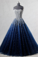Navy Blue Strapless Floor Length Prom Ball Gown With Beading Sequins Prom Dresses Formal Dresses