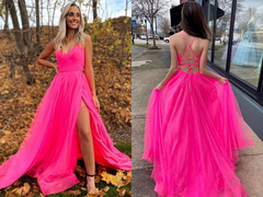 A Line V Neck Hot Pink Prom Dresses With Slit Long Formal Evening Dresses