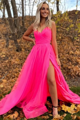 A Line V Neck Hot Pink Prom Dresses With Slit Long Formal Evening Dresses