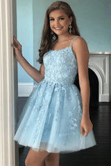 A Line Light Blue Tulle Homecoming Dress With Lace Appliques Short Prom Dress