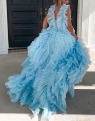 Light Sky Blue Tulle Princess ruffle remmar med nivån lång prom klänning