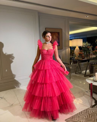 Pink tulle prom dresses long evening dress