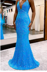 Charming Mermaid V Neck Blue Lace Sequins Long Prom Dresses