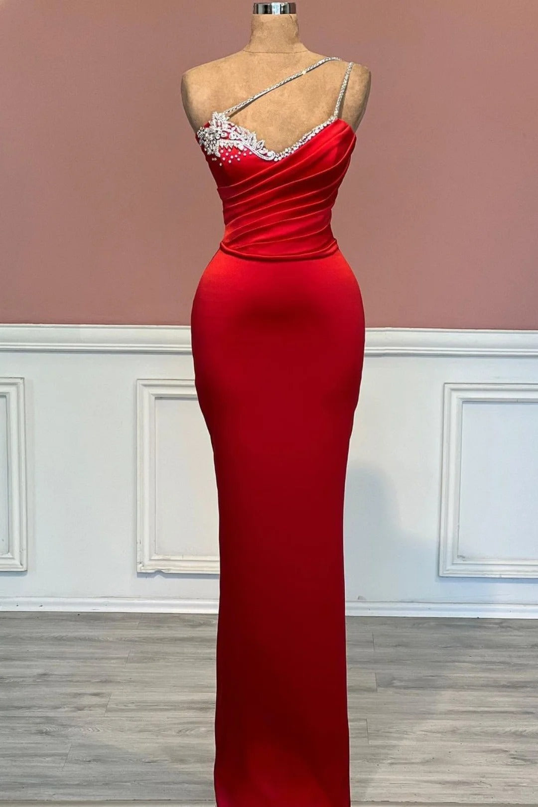Red Long Mermaid One Shoulder Satin Prom Dress Outfits For Women With Beadings Sleeveless