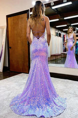 Lavendel gegen Neck Meerjungfrau Prom -Kleid, funkelnes Langzeitkleid mit Pailletten