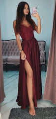 Sexy Burgundy Spaghetti Straps Lace Side Slit A Line Cheap Long Prom Dresses