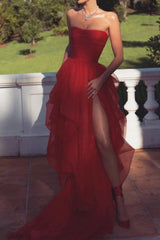 Sexy Strapless Layered Red Long Prom Dresses, With High Slit Red Formal Dresses, Evening Dresses