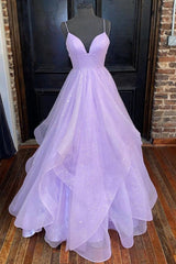 Shiny Tulle V Neck Backless Purple Long Evening Dress, Backless Lavender Formal Prom Dresses