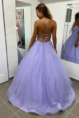 Glanzende V -nek Backless Purple Tule Lange avondjurk met pocket Backless Purple Formal Prom -jurken