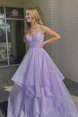 Shiny V Neck Fluffy Purple Long Evening Dress, lungo abito viola formale