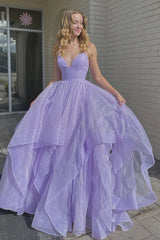 Блискуча v шия пухнаста фіолетова довга вечірня сукня, довге фіолетове формальне плаття