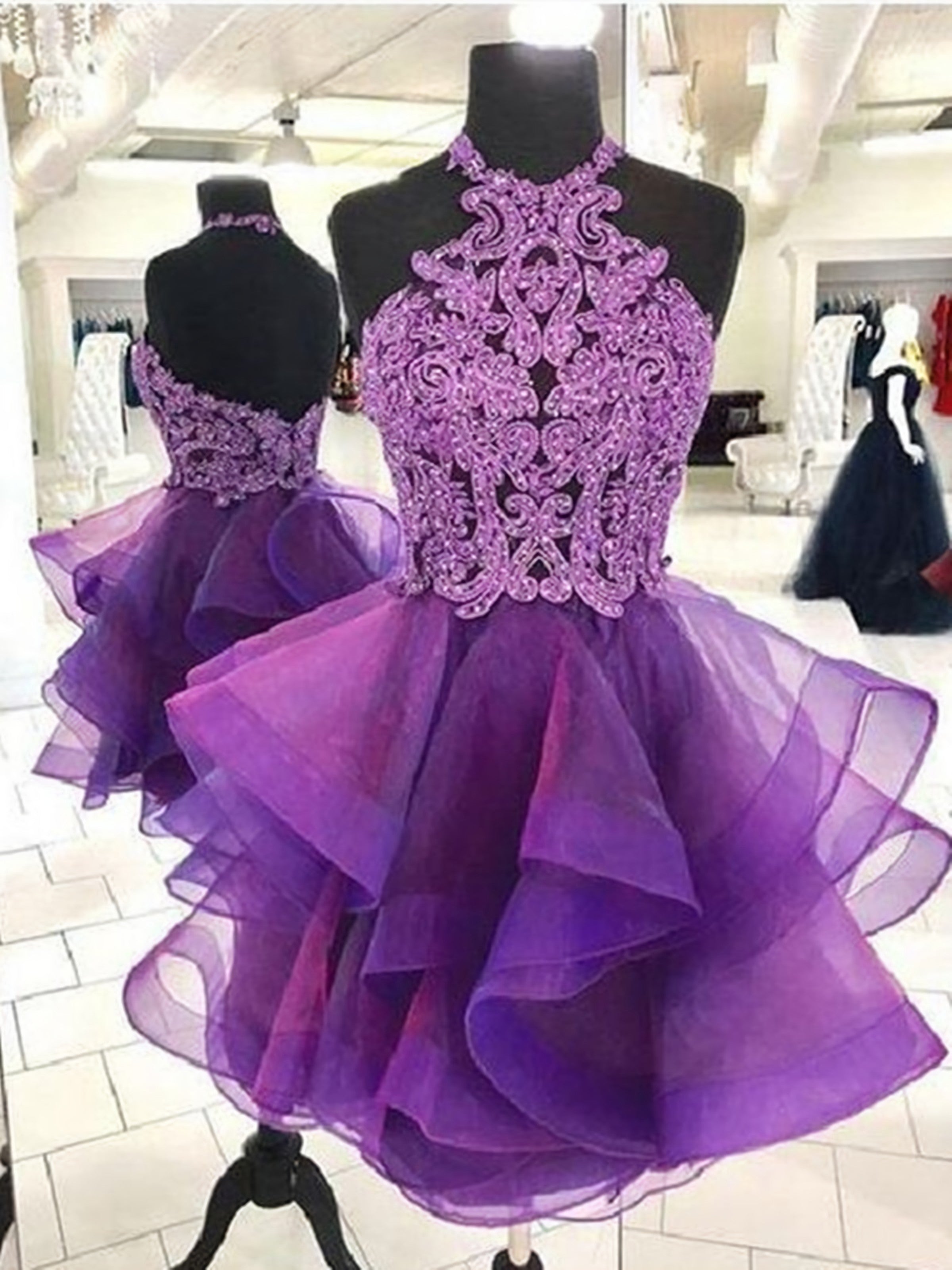 Short Backless Purple Organza Lace Prom Dresses Short Purple Lace Formal Homecoming Dresses