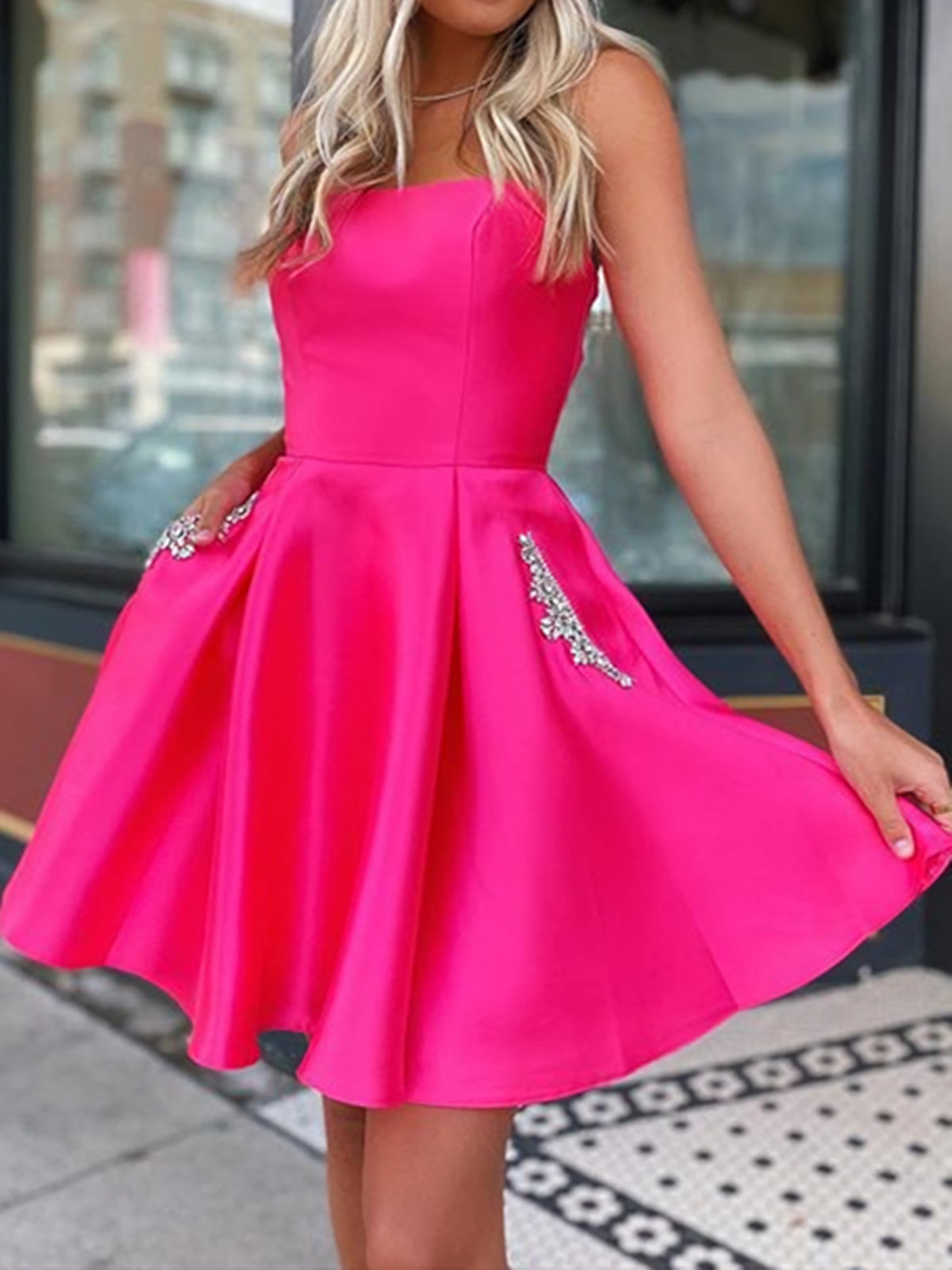 Short Hot Pink Satin Prom Dresses Short Hot Pink Formal Homecoming Dresses