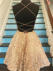 Short Champagne Backless Lace Prom Dresses Short Lace Formal Graduation Homecoming Dresses