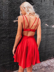 Short V Neck Red Prom Dress With Corset Back Short Red Cocktail Graduation Homecoming Dresses