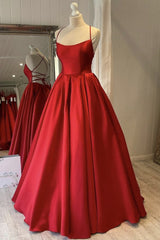 Enkel ryggløs rød sateng lang kveldskjole, ryggløs rød formelle kjoler