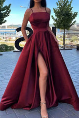 Enkel svart Bourgogne Red Satin Long Evening Dress med hög slits svart Bourgogne Red Formal Prom -klänningar