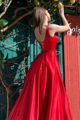 Simple Red Satin High Slit Long Evening Dress, Long Red Formal Dress