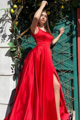 Simple Red Satin High Slit Long Evening Dress, Long Red Formal Dress
