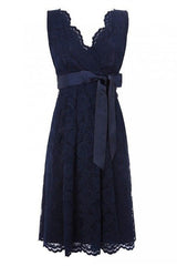 Simple V Neck Short Lace Navy Blue Bridesmaid Dress with Sash