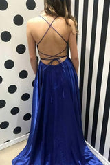 Blue Spaghetti Strap Prom Dress With Side Slit Sexy Long Senior Prom Dresses