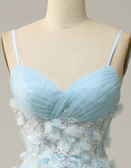 Sky Blue A-Line Spaghetti Straps Tulle Prom Dress With 3D Appliques