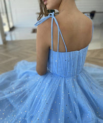 Spaghetti Straps Blue Tea Length Tulle Prom Dresses Blue Tea Length Formal Homecoming Dresses